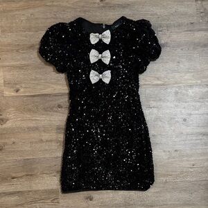 Sparkling Black Sequin Kids Dress with Silver Bows